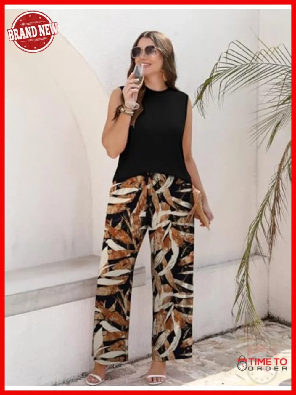 Two Piece Set Women Summer Mock Neck Wide Leg Pants Set Travel